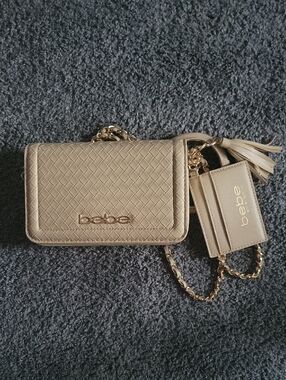 bebe Metallic Gold Quilted Crossbody with Cardholder and Tassel